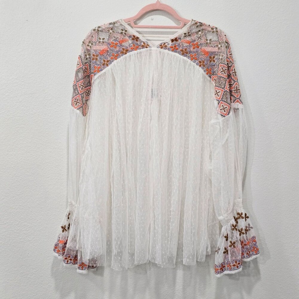 Free People ✦ Boho Tunic Top ✦ Ivory Combo Swiss Dot Embroidered Sheer XS NWT - Picture 11 of 13